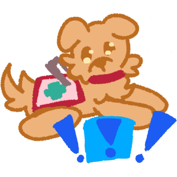a brown dog laying down, wearing a vest with a green medical cross and a red collar. In front of it is a blue box surrounded by dark blue exclamation marks. The box also has an exclamation mark inside of it.